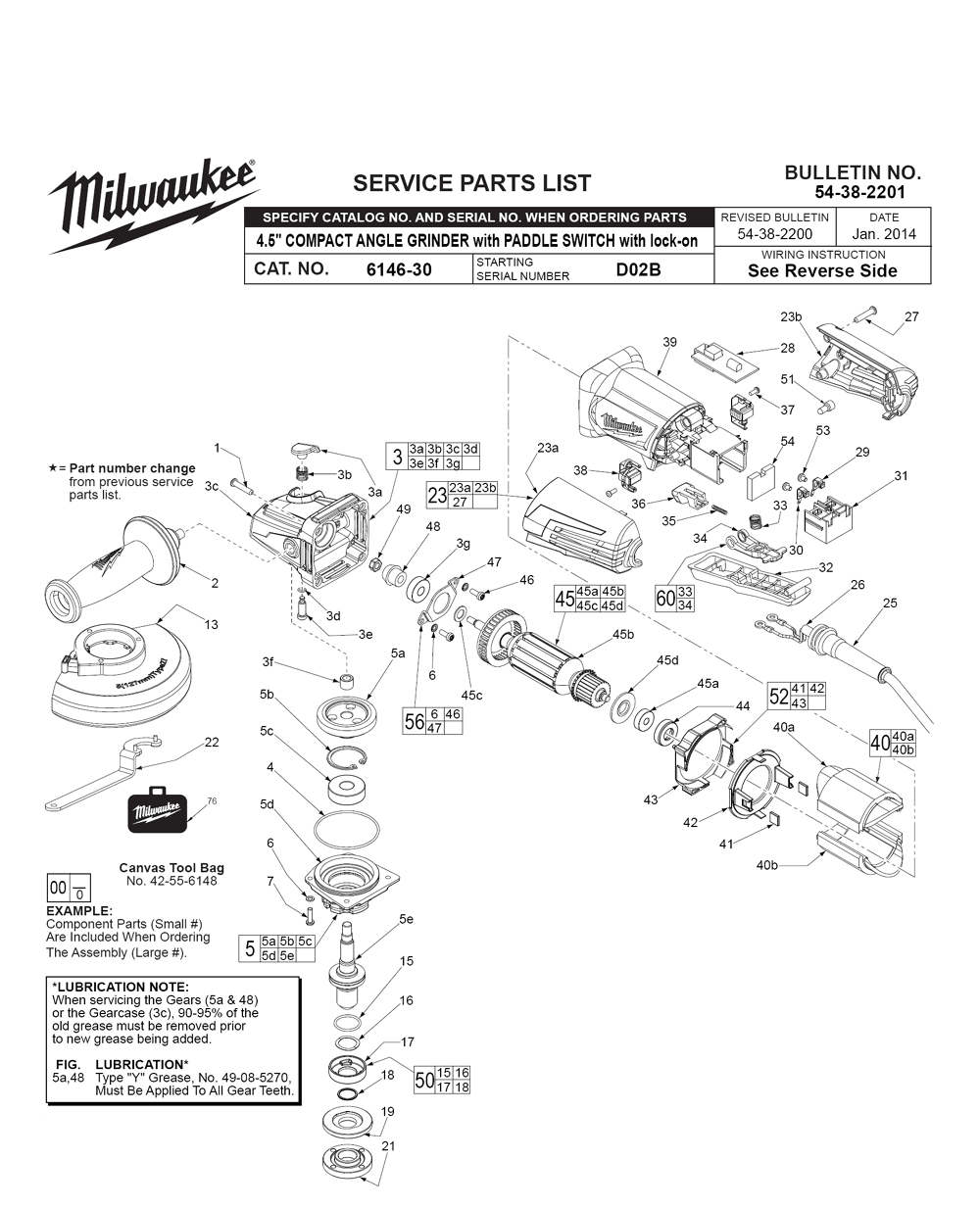 Fig-0 Diagram and Parts List for 6146-30 D02B Milwaukee Angle Grinder