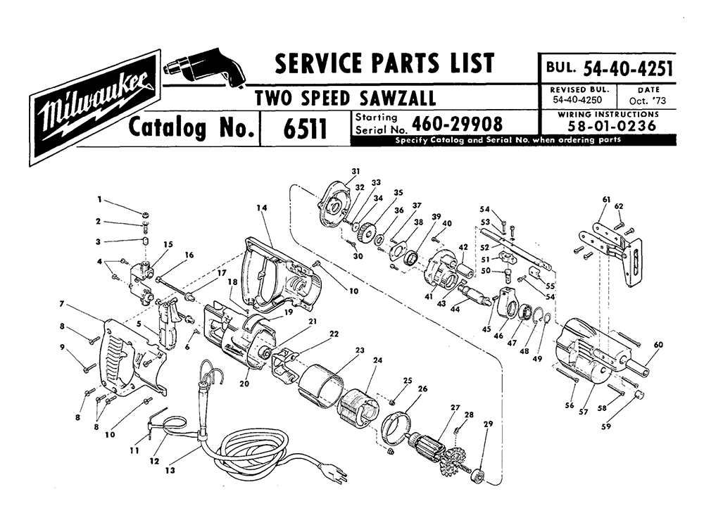 Fig-0 Diagram and Parts List for 6511-2 460-29908 Milwaukee Saw