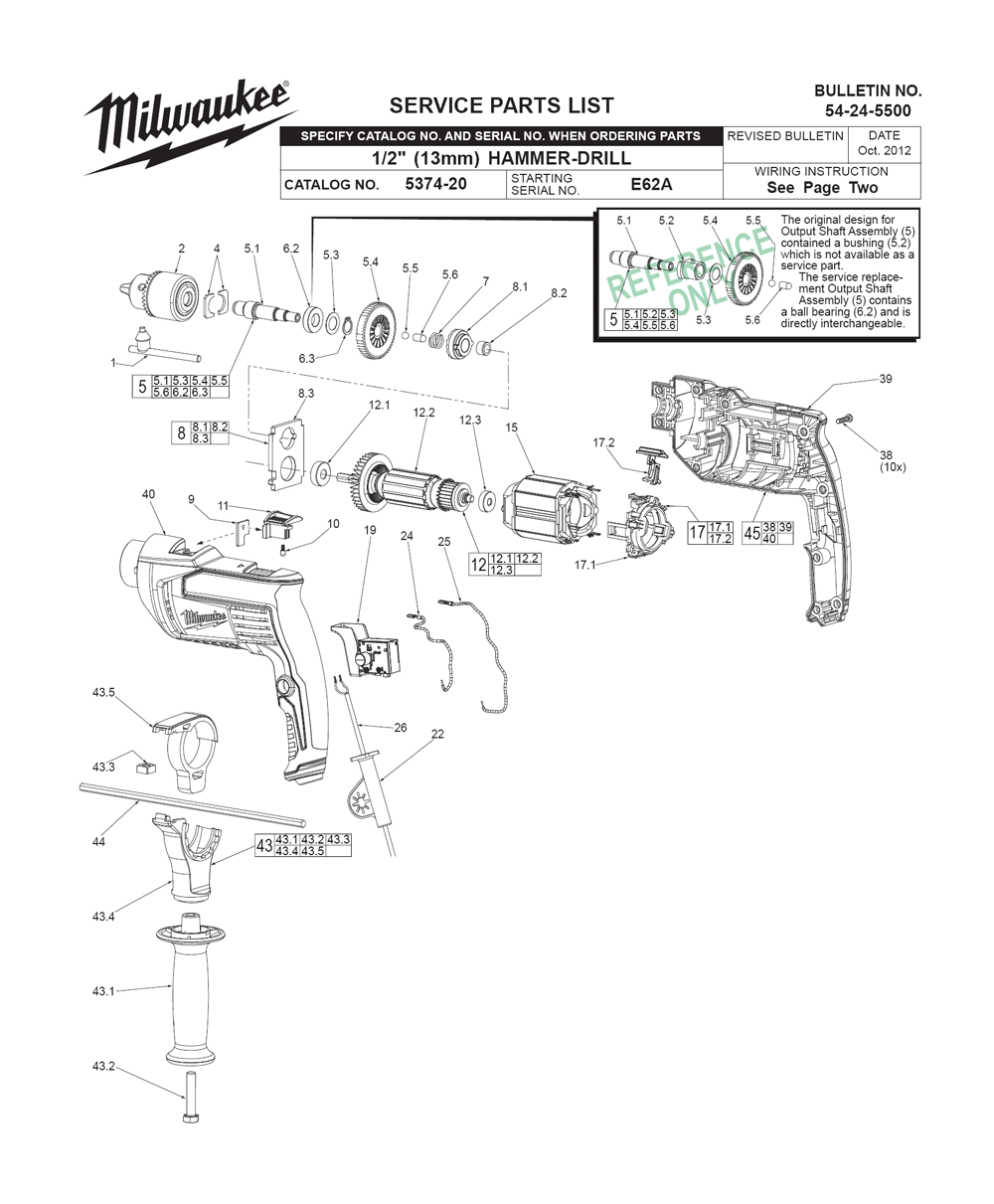 Fig-0 Diagram and Parts List for 5374-20 E62A Milwaukee Hammer Drill