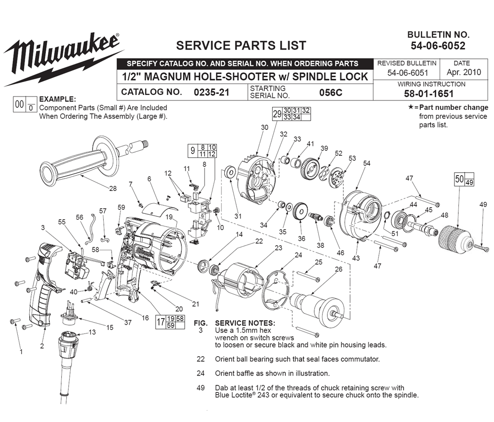 Fig-0 Diagram and Parts List for 0235-21 056C Milwaukee Electric Drill
