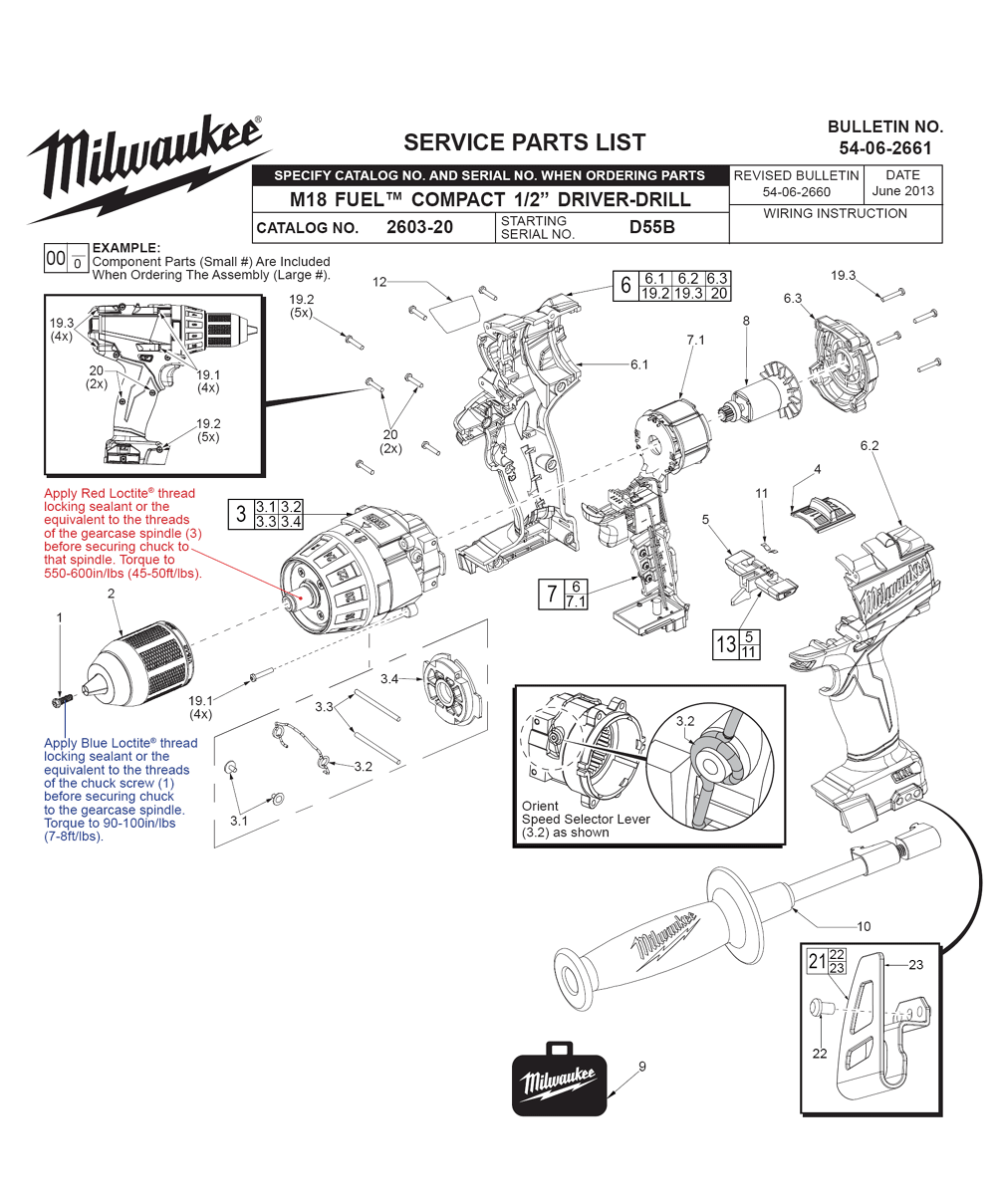 Fig-0 Diagram and Parts List for 2603-20 D55B Milwaukee Cordless Drill