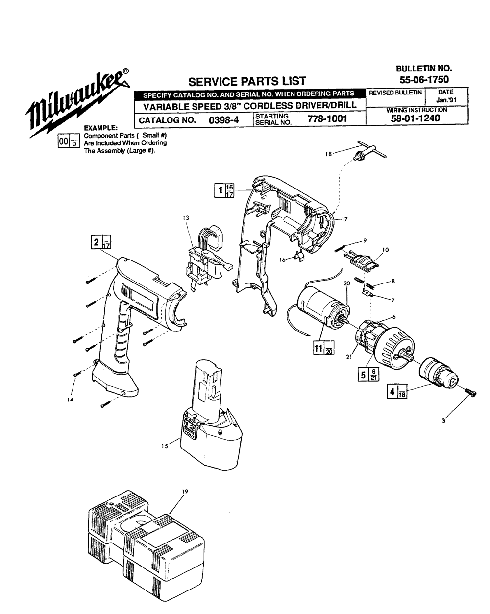 Fig-0 Diagram and Parts List for 0398-4 778-1001 Milwaukee Electric Drill