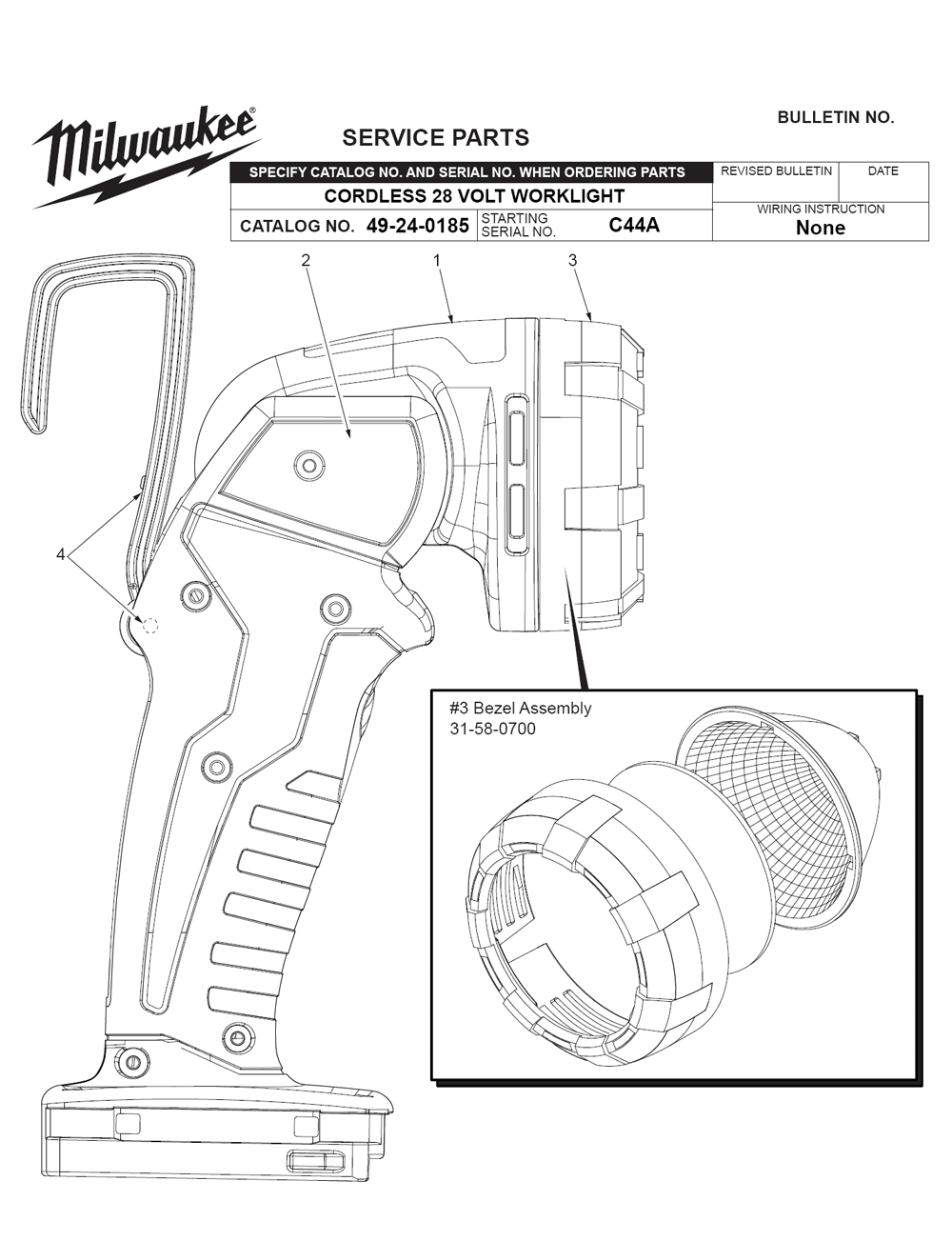 Fig-0 Diagram and Parts List for 49-24-0185 C44A Milwaukee Worklight & Flashlight