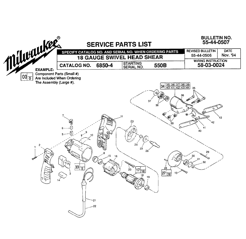Fig-0 Diagram and Parts List for 6850-4 550B Milwaukee Nibbler & Shears
