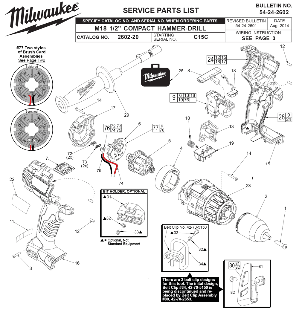 Fig-0 Diagram and Parts List for 2602-22CT C15C Milwaukee Cordless Drill