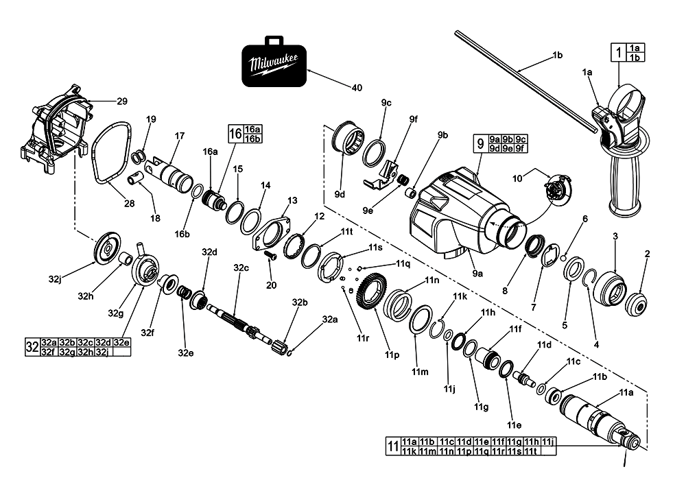 Fig-1 Diagram and Parts List for 2605-059 D38A Milwaukee Hammer Drill