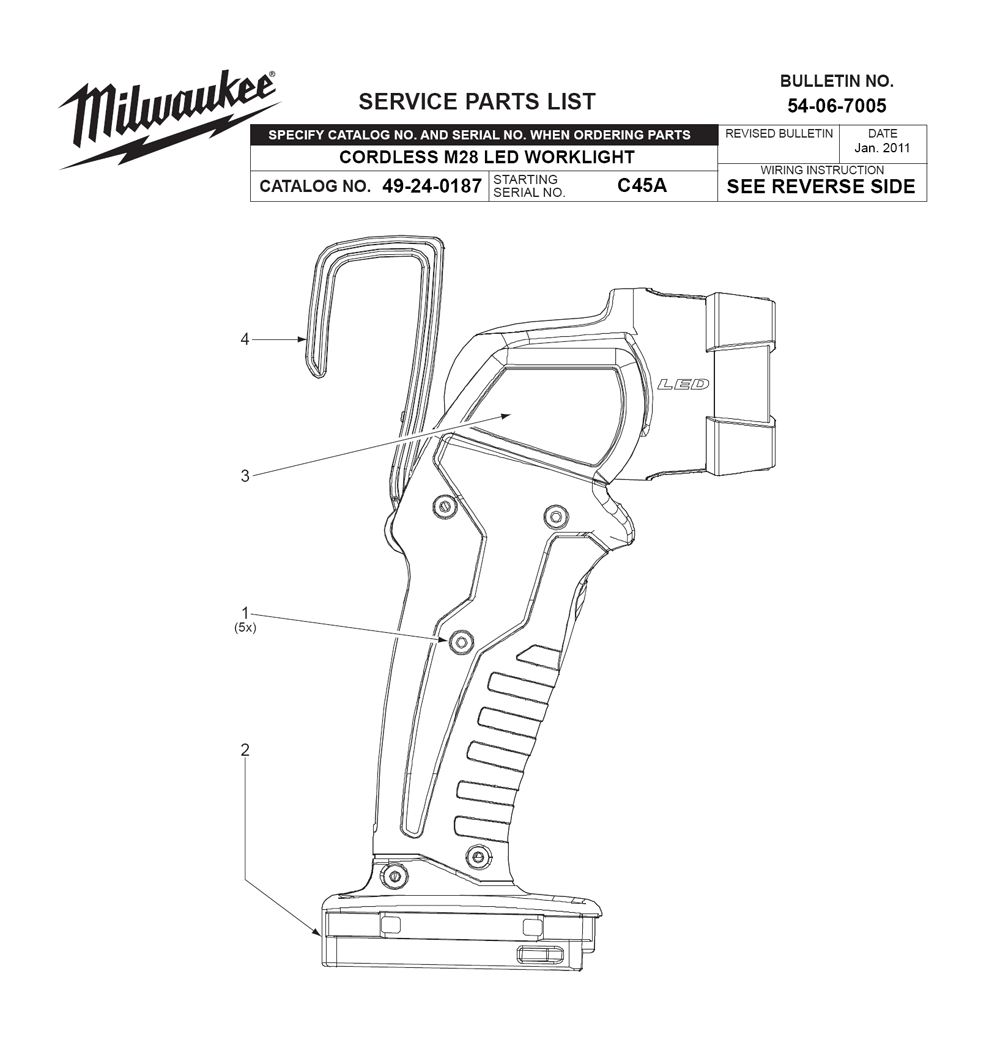 Fig-0 Diagram and Parts List for 49-24-0187 C45A Milwaukee Worklight & Flashlight