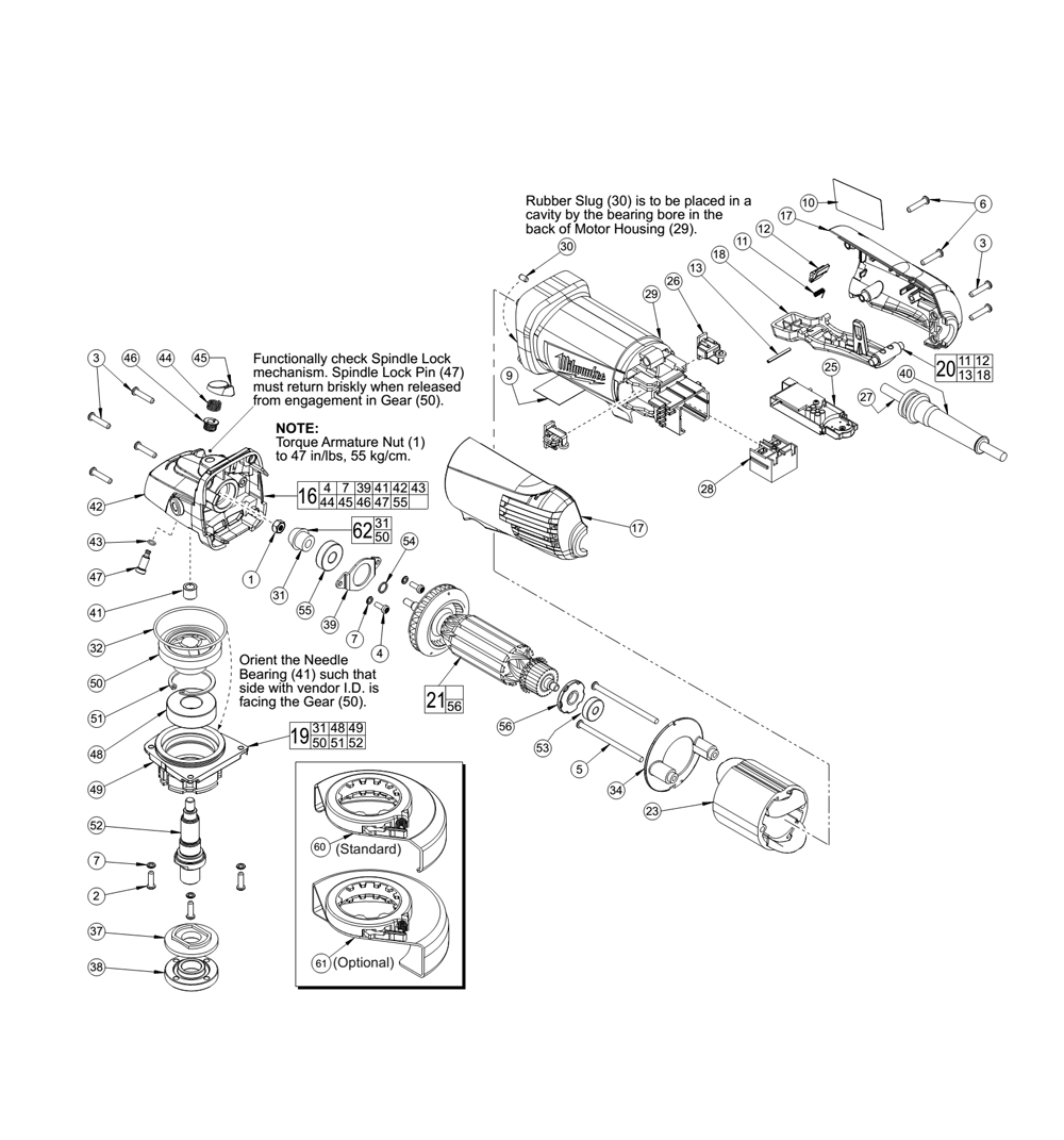 Fig-0 Diagram and Parts List for 6116-31 B63C Milwaukee Angle Grinder