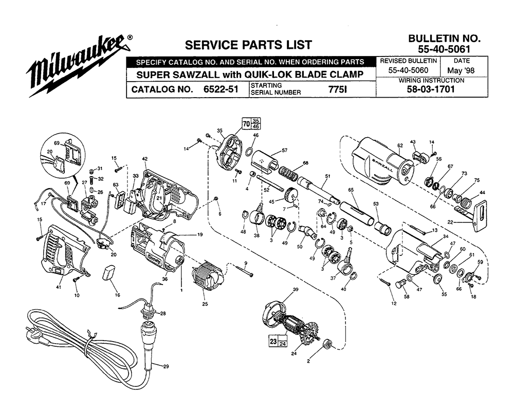 Fig-0 Diagram and Parts List for 6522-51 775I Milwaukee Saw