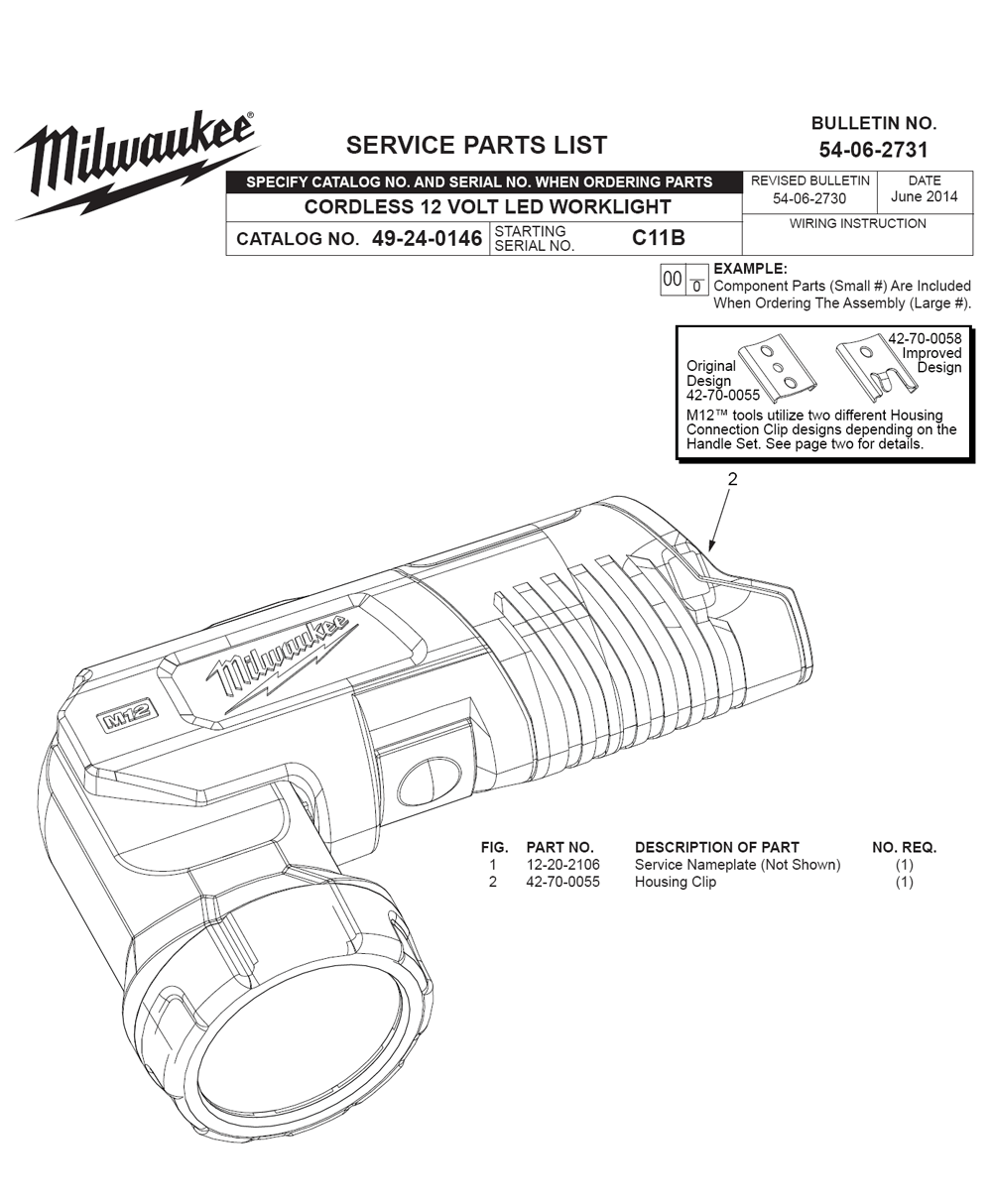 Fig-0 Diagram and Parts List for 49-24-0146 C11B Milwaukee Worklight & Flashlight
