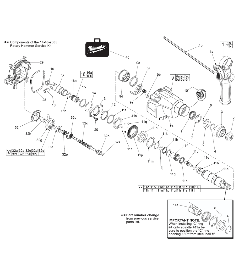 Fig-1 Diagram and Parts List for 2605-20 D14B Milwaukee Hammer Drill