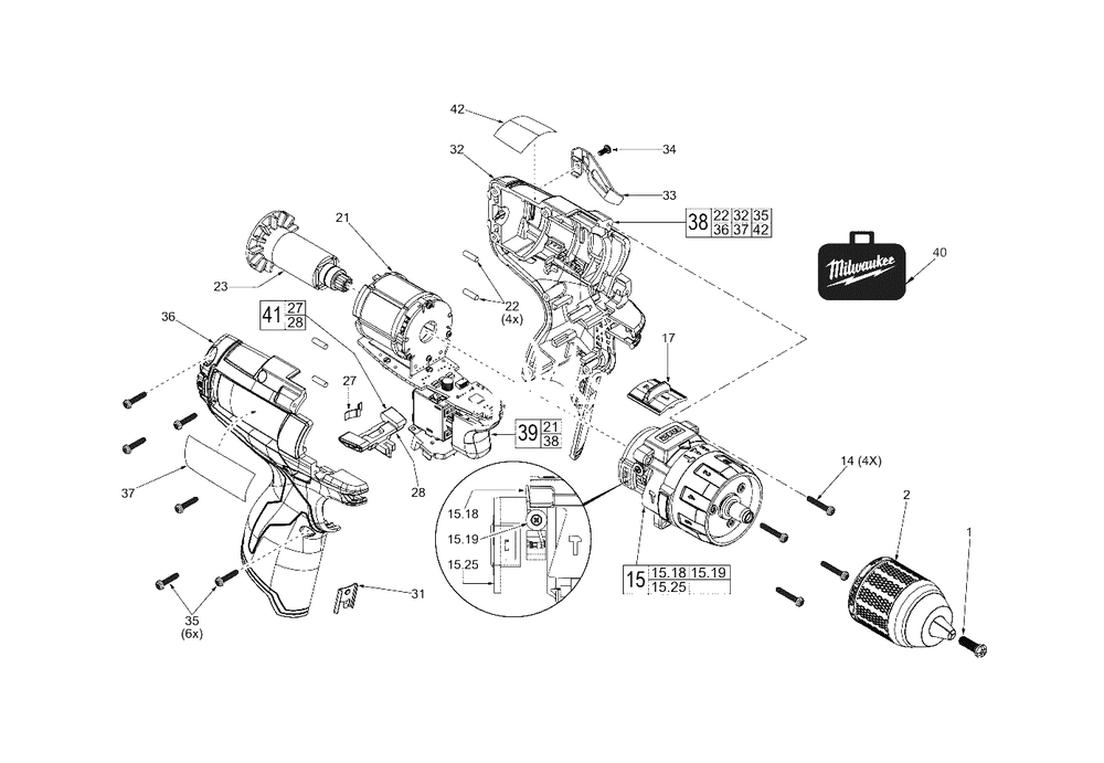 M12 Brushless 1/2-Inch (13mm) Hammer-Drill Diagram and Parts List for 2404-22 E28D Milwaukee Hammer Drill