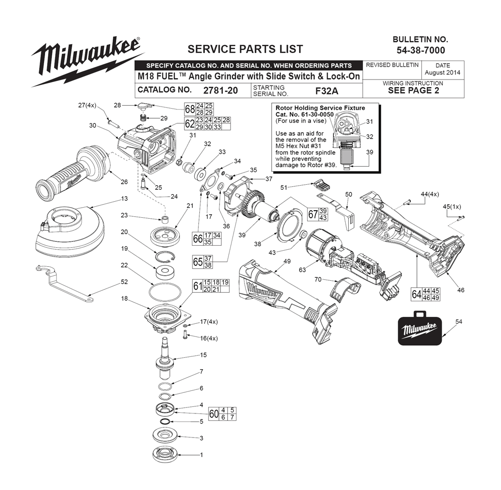 Fig-0 Diagram and Parts List for 2781-20 F32A Milwaukee Angle Grinder