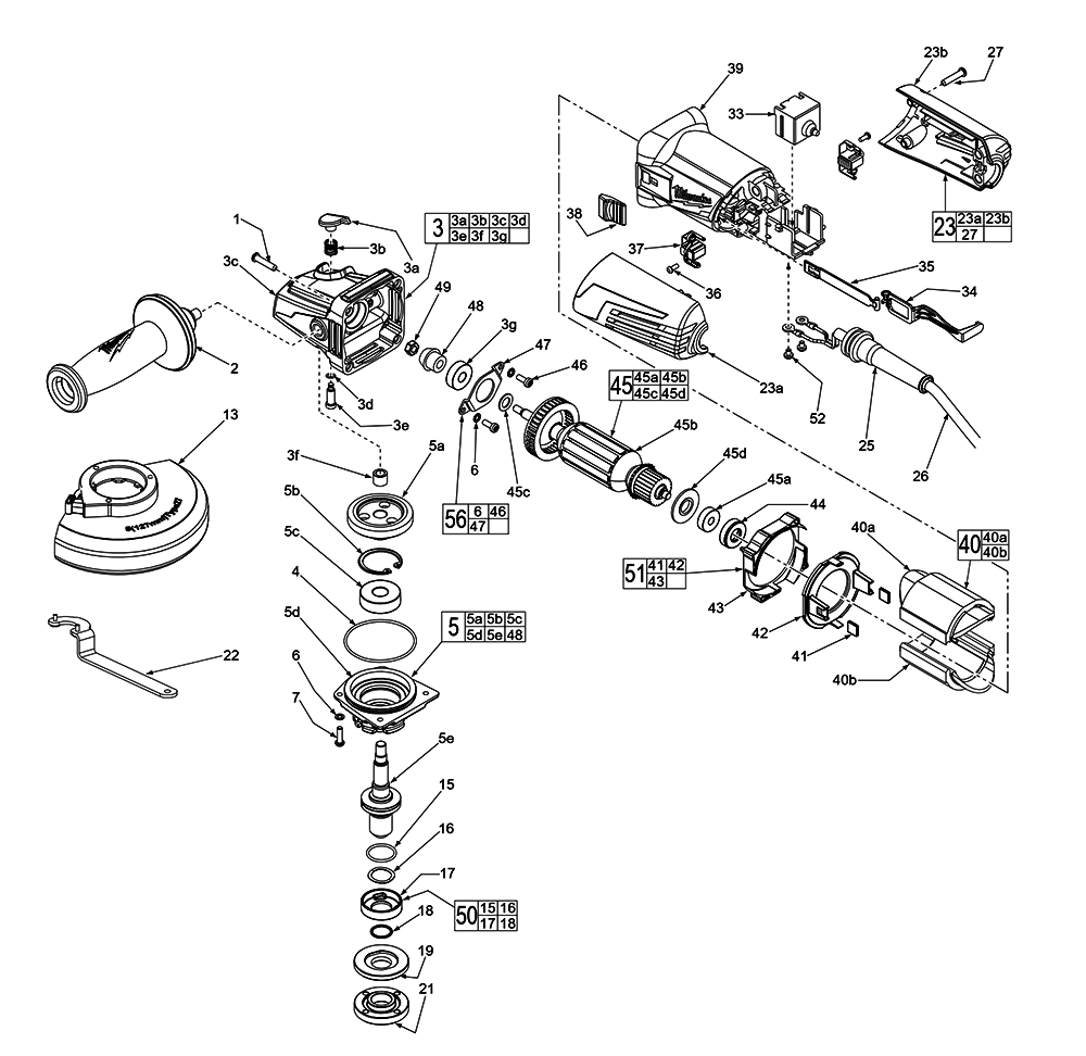 Fig-0 Diagram and Parts List for 6149-59B E38B Milwaukee Angle Grinder