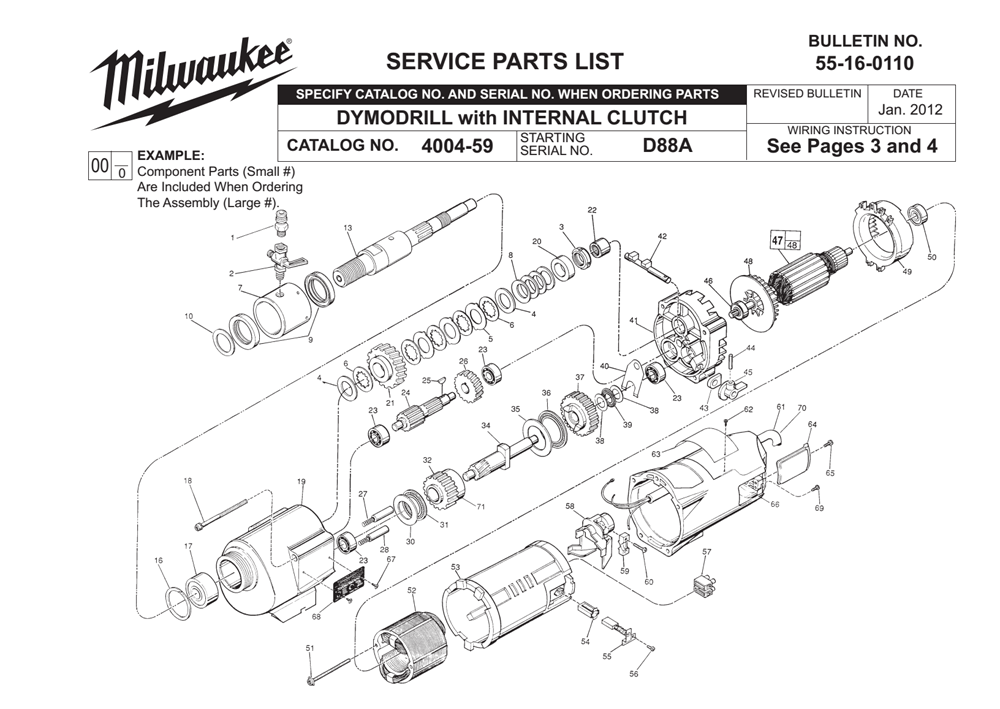Fig-0 Diagram and Parts List for 4004-59 D88A Milwaukee Hammer Drill