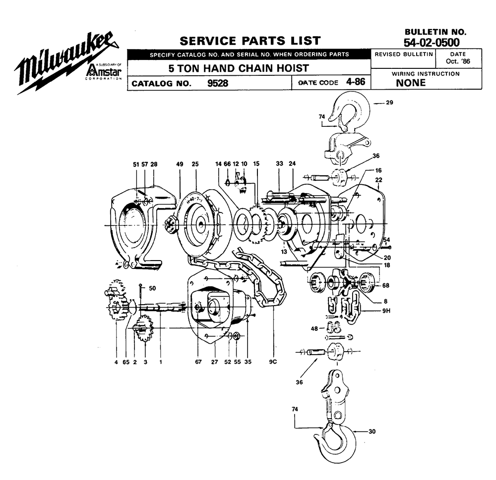 Fig-0 Diagram and Parts List for 9528 4-86 Milwaukee Hoist & Winch