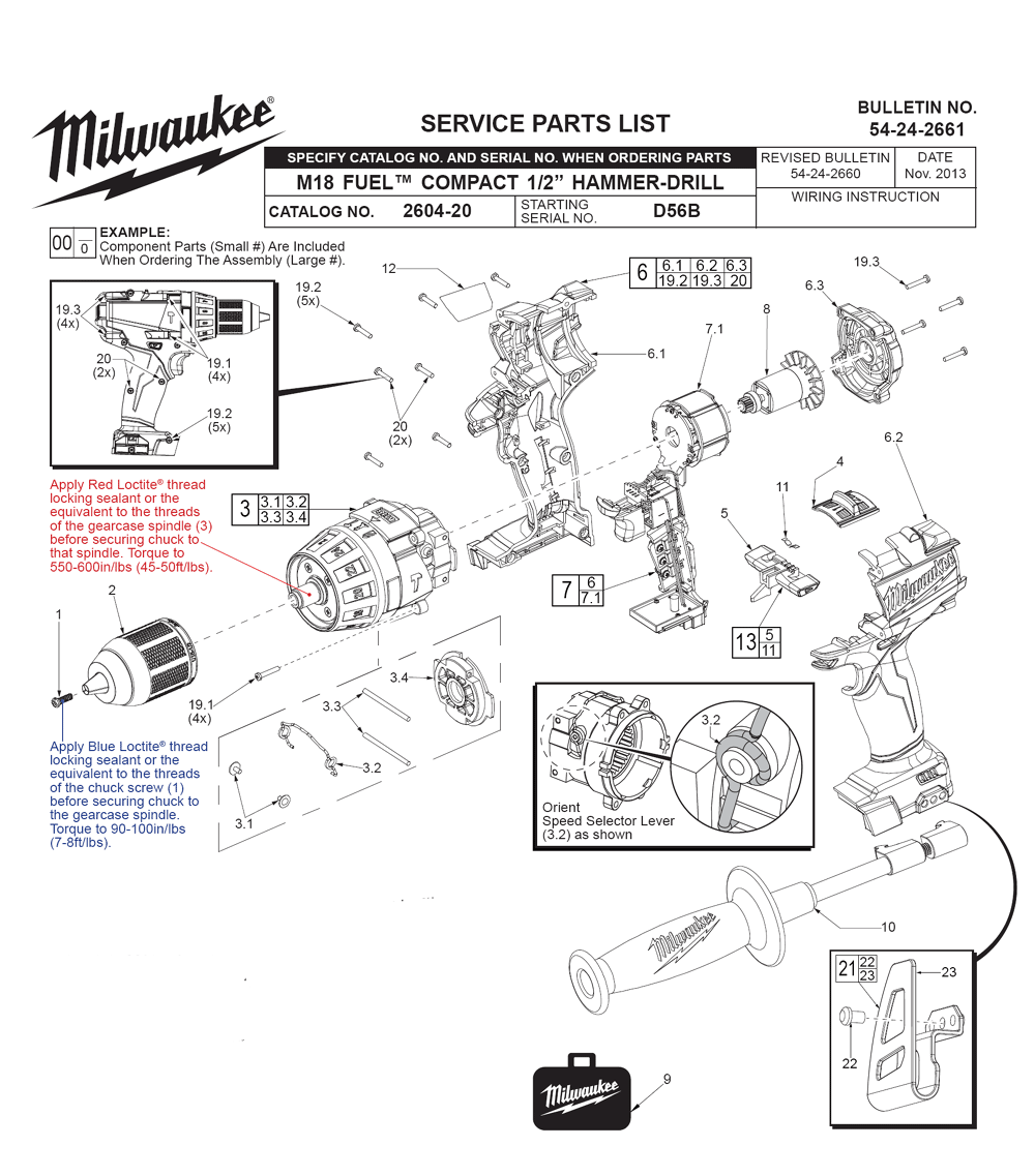 Fig-0 Diagram and Parts List for 2604-20 D56B Milwaukee Cordless Drill