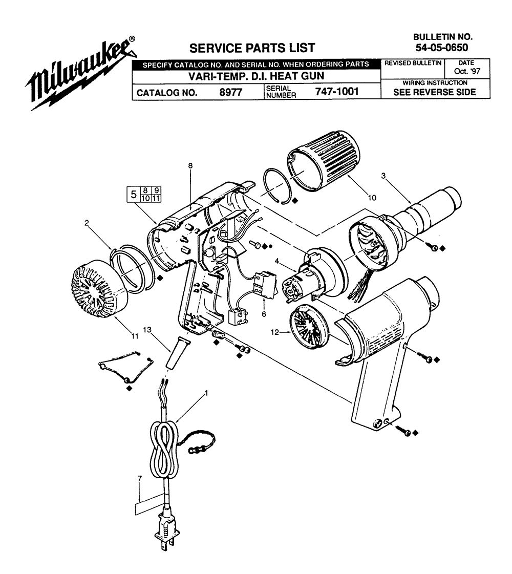 Fig-0 Diagram and Parts List for 8977 747-1001 Milwaukee Heat Gun