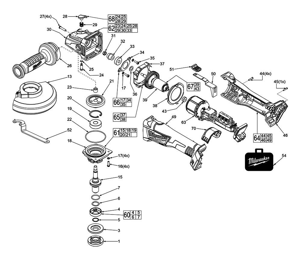 Fig-0 Diagram and Parts List for 2781-059 F34B Milwaukee Angle Grinder