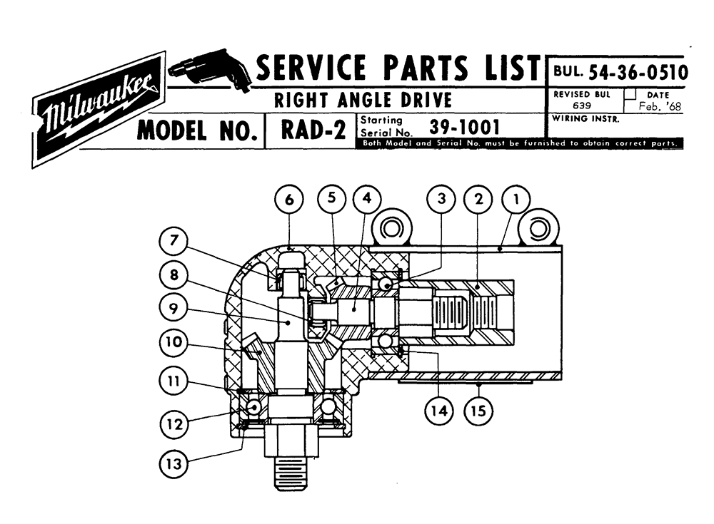 Fig-0 Diagram and Parts List for RAD-2 39-1001 Milwaukee Cordless Drill