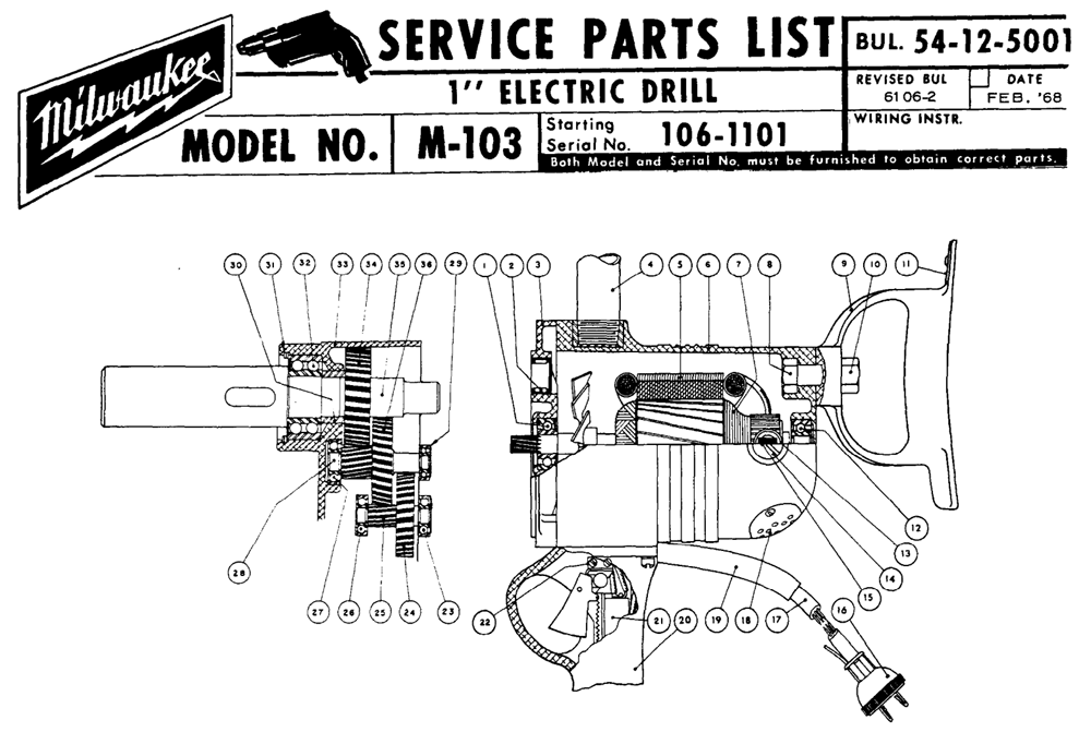Fig-0 Diagram and Parts List for 2200 106-1101 Milwaukee Electric Drill