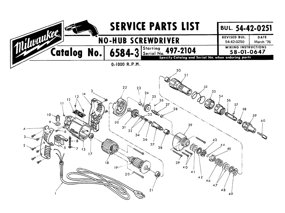 Fig-0 Diagram and Parts List for 6584-3 497-2104 Milwaukee Electric Drill