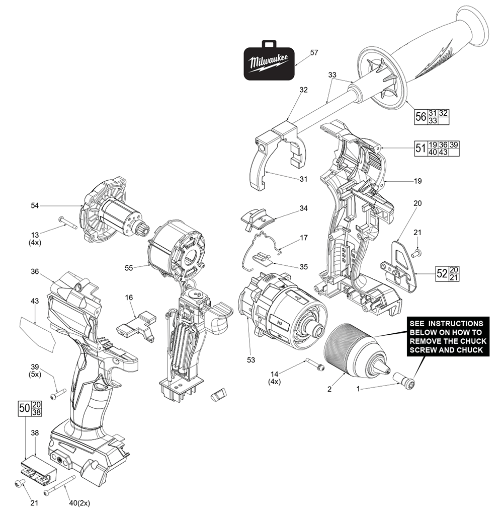 Fig-0 Diagram and Parts List for 2803-20 J76A Milwaukee Cordless Drill