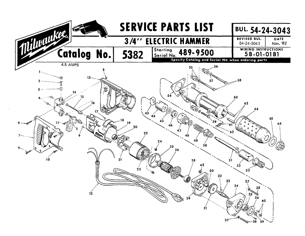 Fig-0 Diagram and Parts List for 5382 489-9500 Milwaukee Hammer Drill