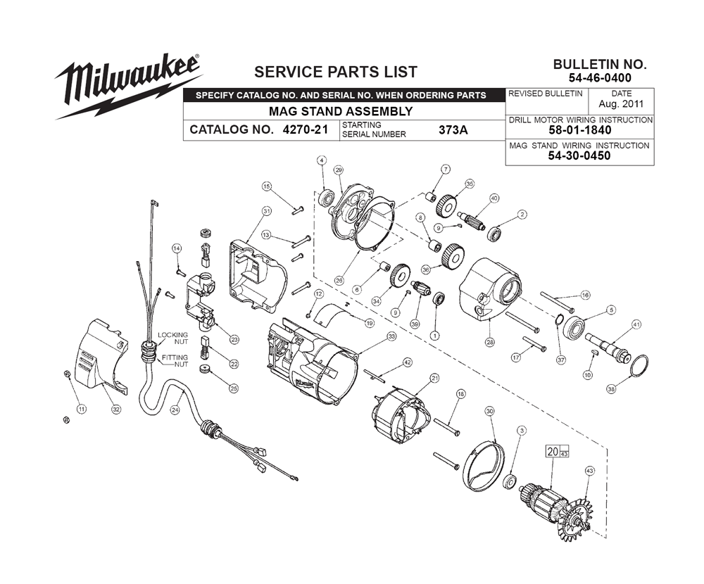 Fig-0 Diagram and Parts List for 4270-21 373A Milwaukee Drill Press