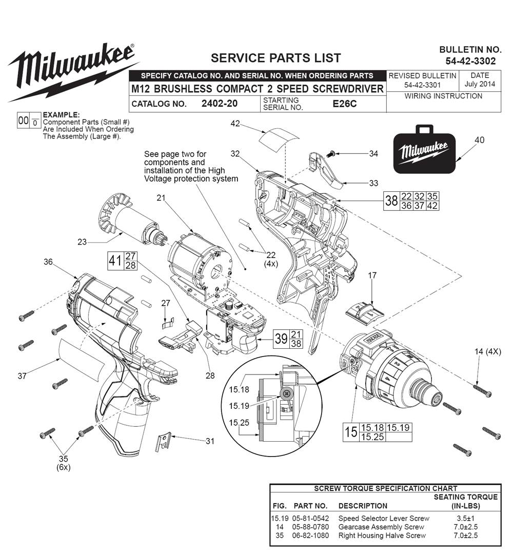 Fig-0 Diagram and Parts List for 2402-22 E26C Milwaukee Electric Drill