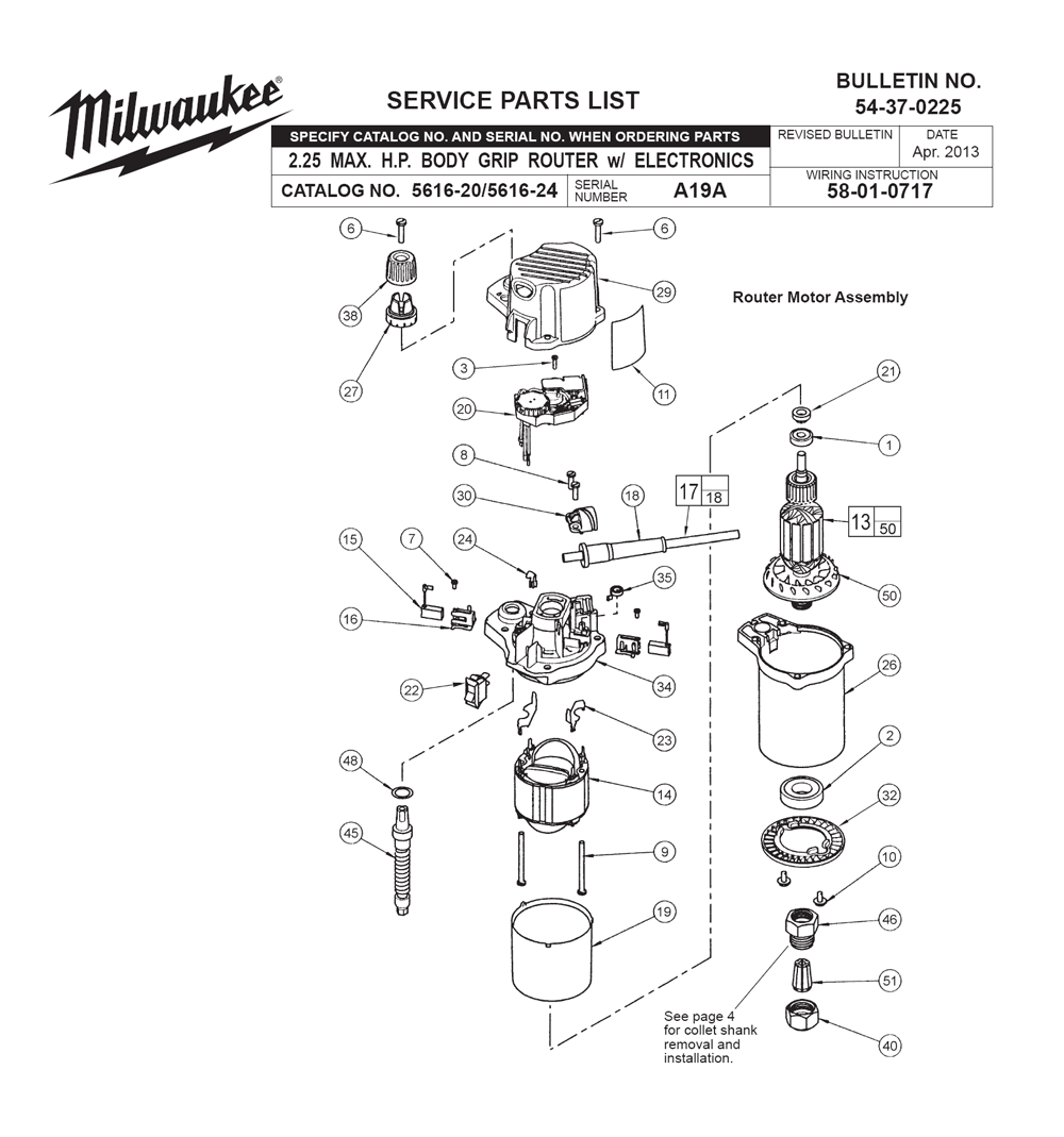 Fig-0 Diagram and Parts List for 5616-24 A19A Milwaukee Router