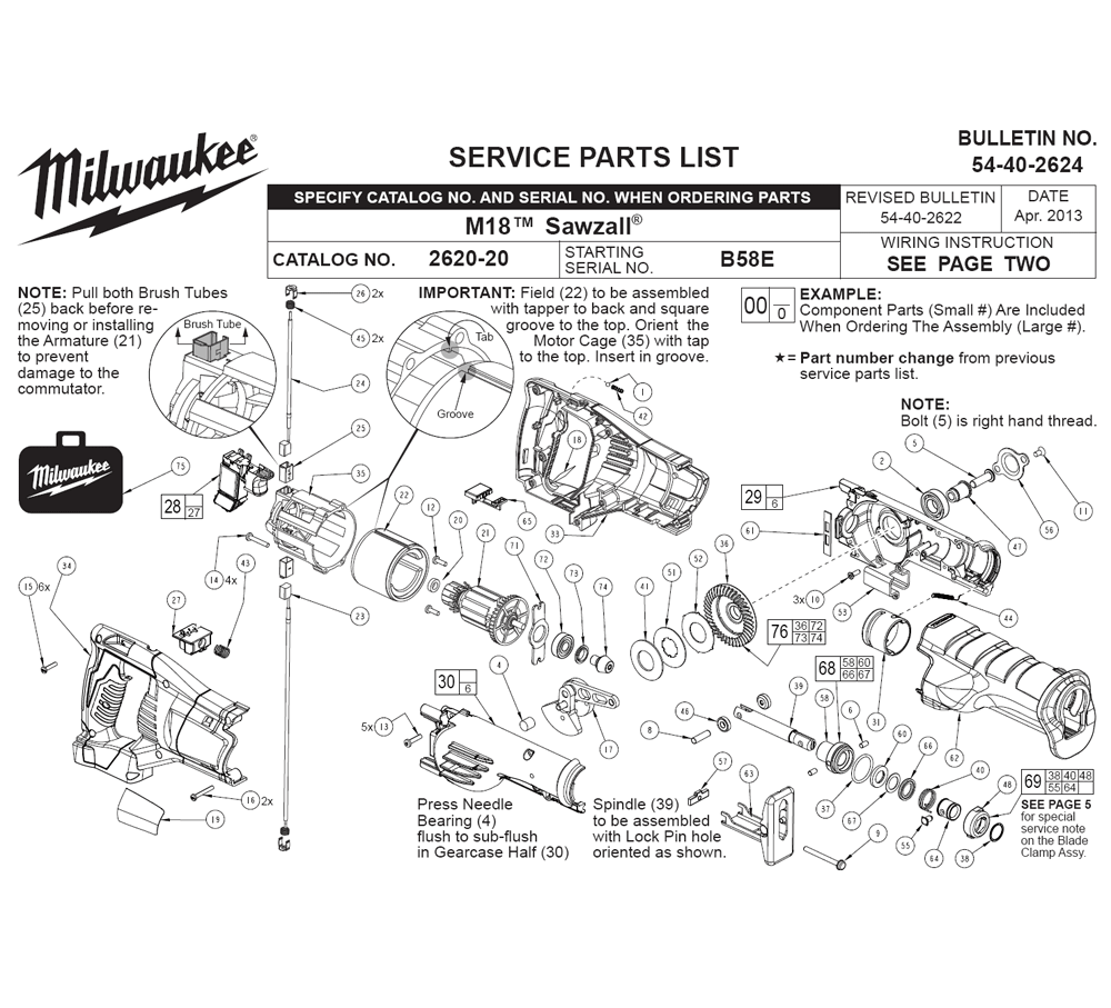 Fig-0 Diagram and Parts List for 2620-22 B58E Milwaukee Saw