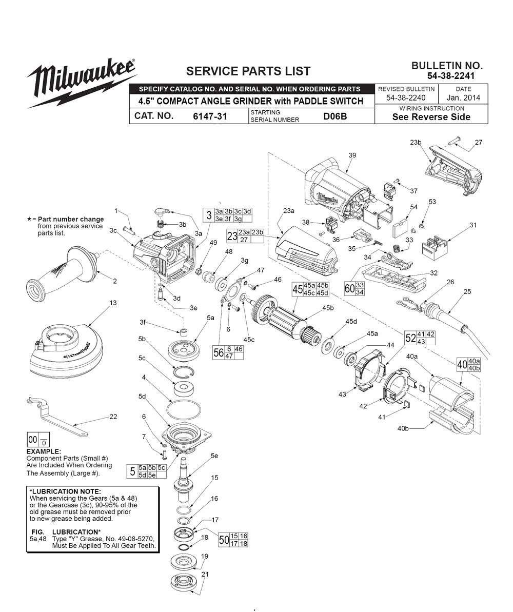 Fig-0 Diagram and Parts List for 6147-31 D06B Milwaukee Angle Grinder
