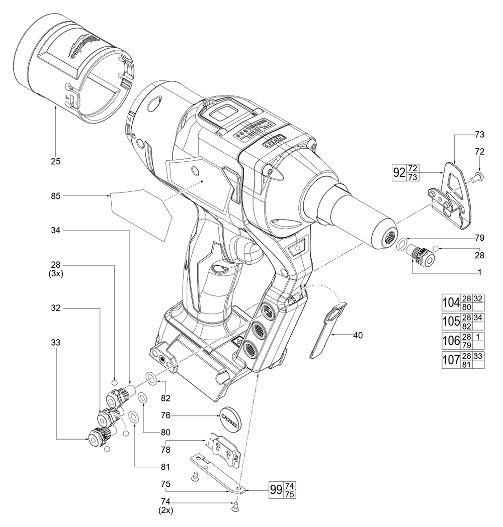 Fig-0 Diagram and Parts List for 2660-20 L93A Milwaukee Nailer