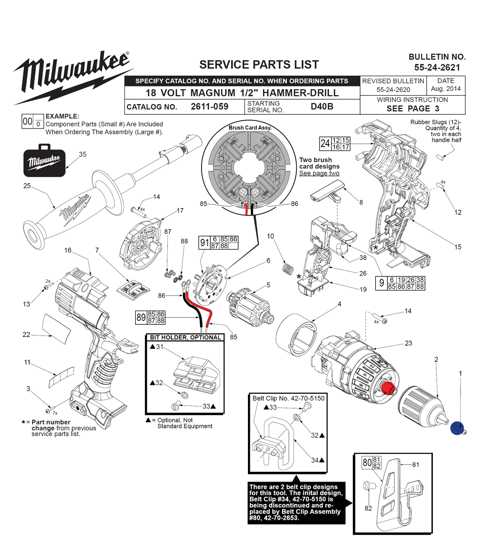 Fig-0 Diagram and Parts List for 2611-059 D40B Milwaukee Cordless Drill
