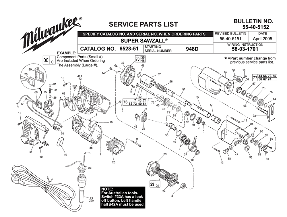 Fig-0 Diagram and Parts List for 6528-51 948D Milwaukee Saw