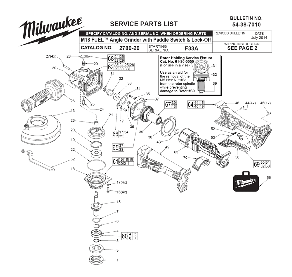 Fig-0 Diagram and Parts List for 2780-20 F33A Milwaukee Angle Grinder