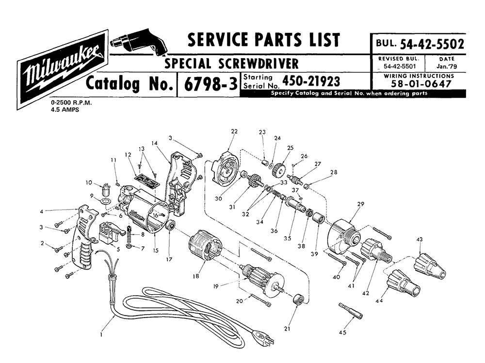 Fig-0 Diagram and Parts List for 6798-3 450-21923 Milwaukee Electric Drill