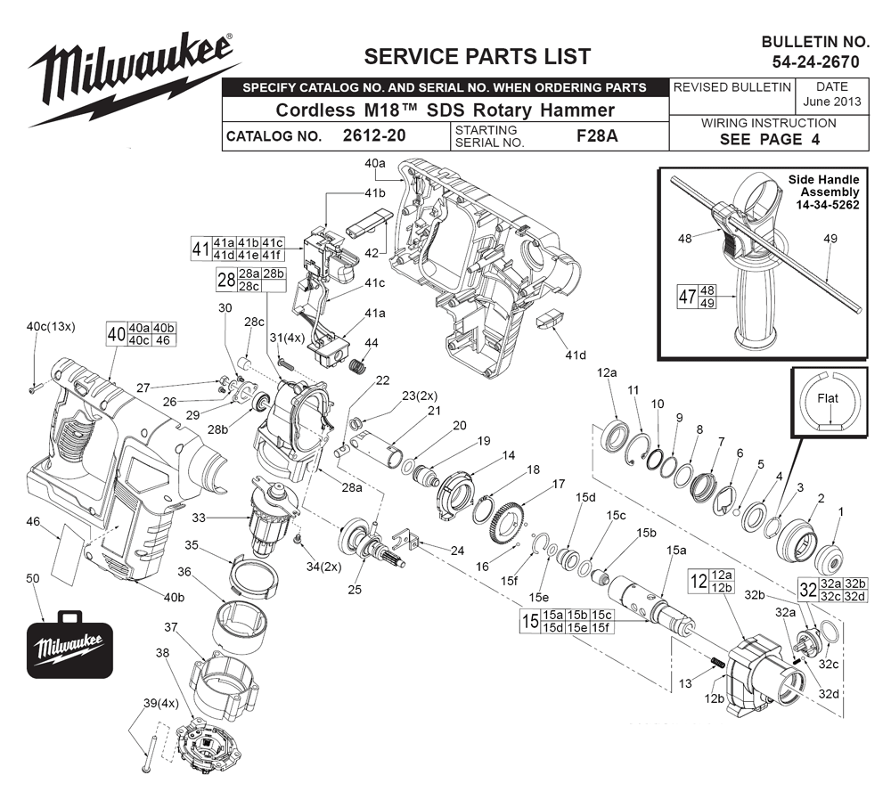 Fig-0 Diagram and Parts List for 2612-20 F28A Milwaukee Hammer Drill