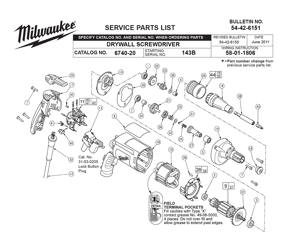 Fig-0 Diagram and Parts List for 6740-20 143B Milwaukee Electric Drill