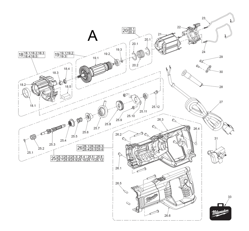 Fig-1 Diagram and Parts List for 5262-21 C88A Milwaukee Hammer Drill