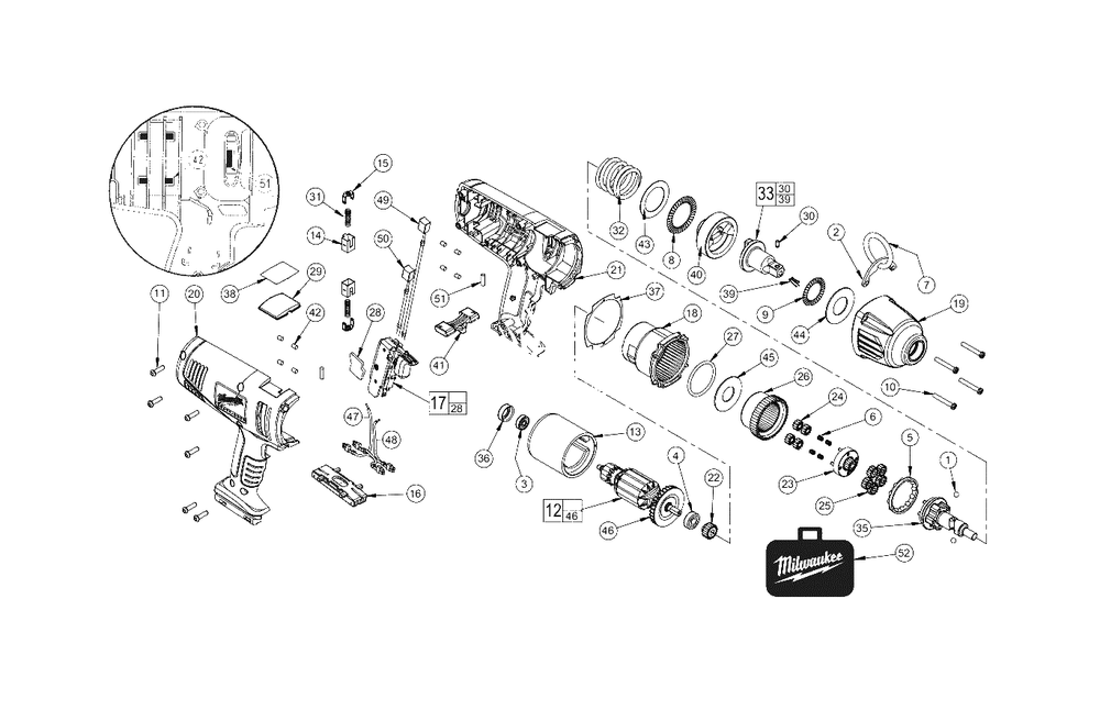 Cordless 1/2-Inch Impact Wrench Diagram and Parts List for 0779-20 A58B Milwaukee Wrench