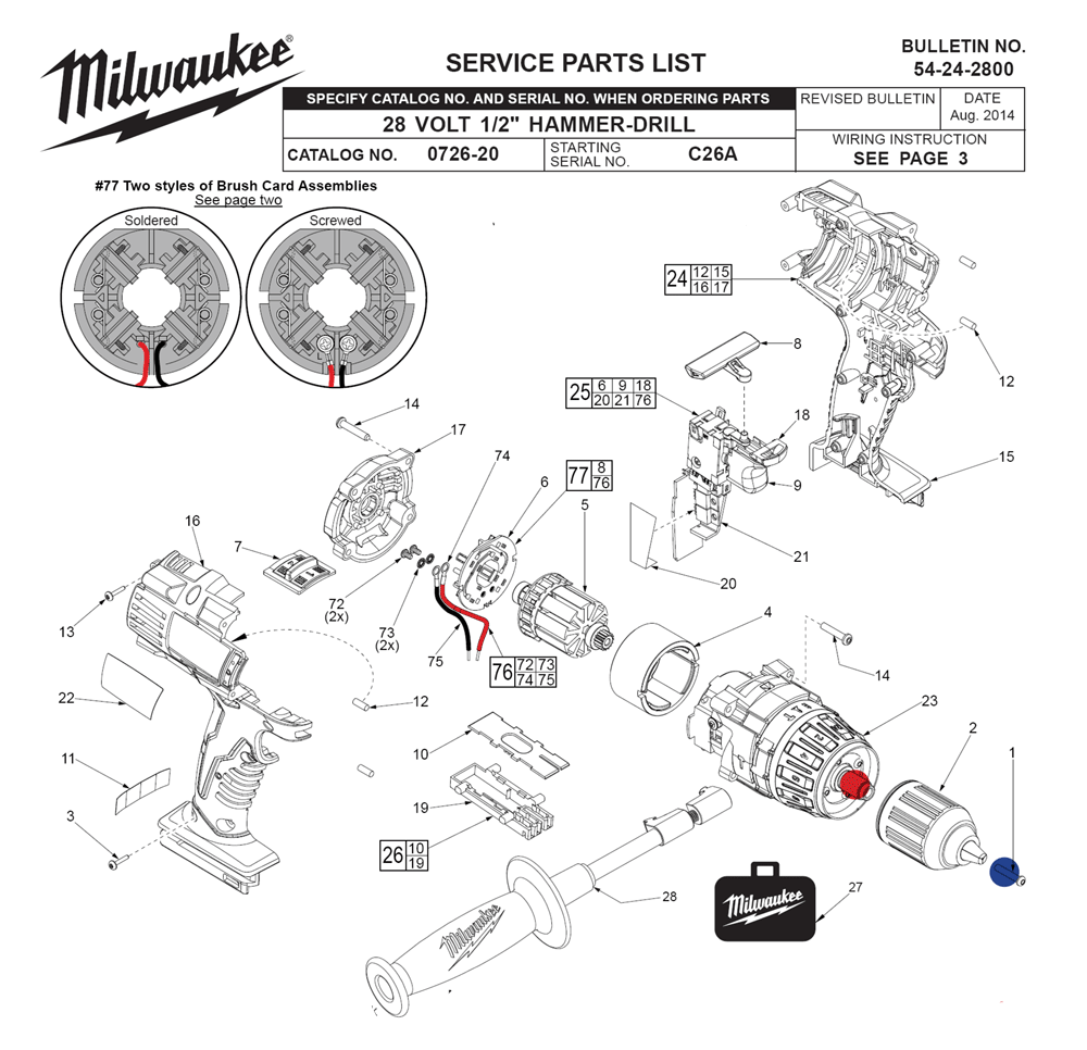 Fig-0 Diagram and Parts List for 0726-22 C26A Milwaukee Cordless Drill