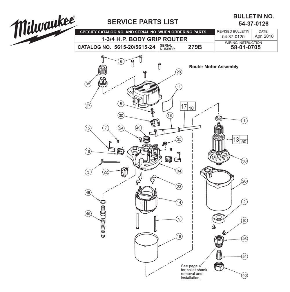 Fig-0 Diagram and Parts List for 5615-24 279B Milwaukee Router