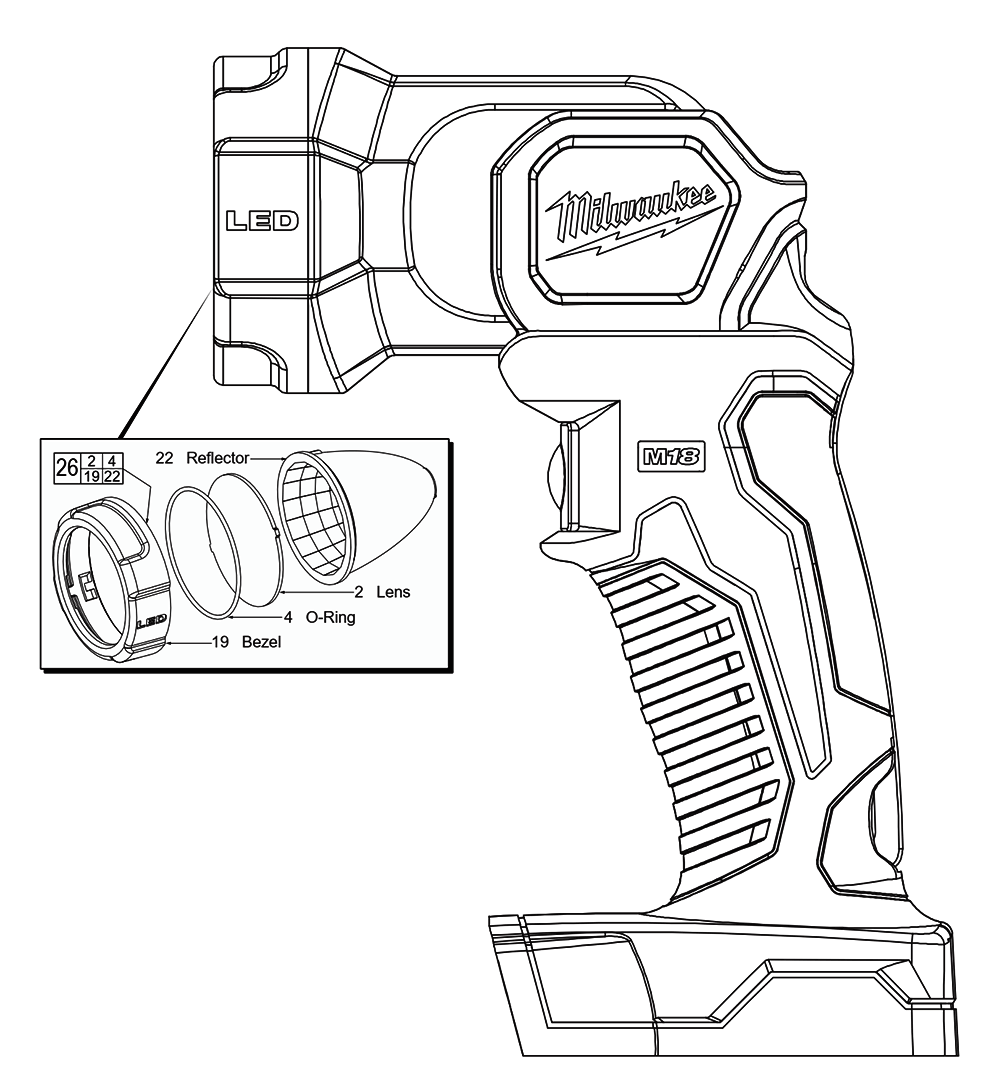 Fig-0 Diagram and Parts List for 2735-059 D46B Milwaukee Worklight & Flashlight