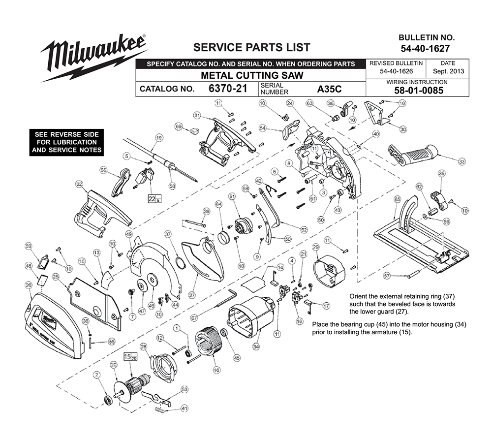 Fig-0 Diagram and Parts List for 6370-21 A35C Milwaukee Saw