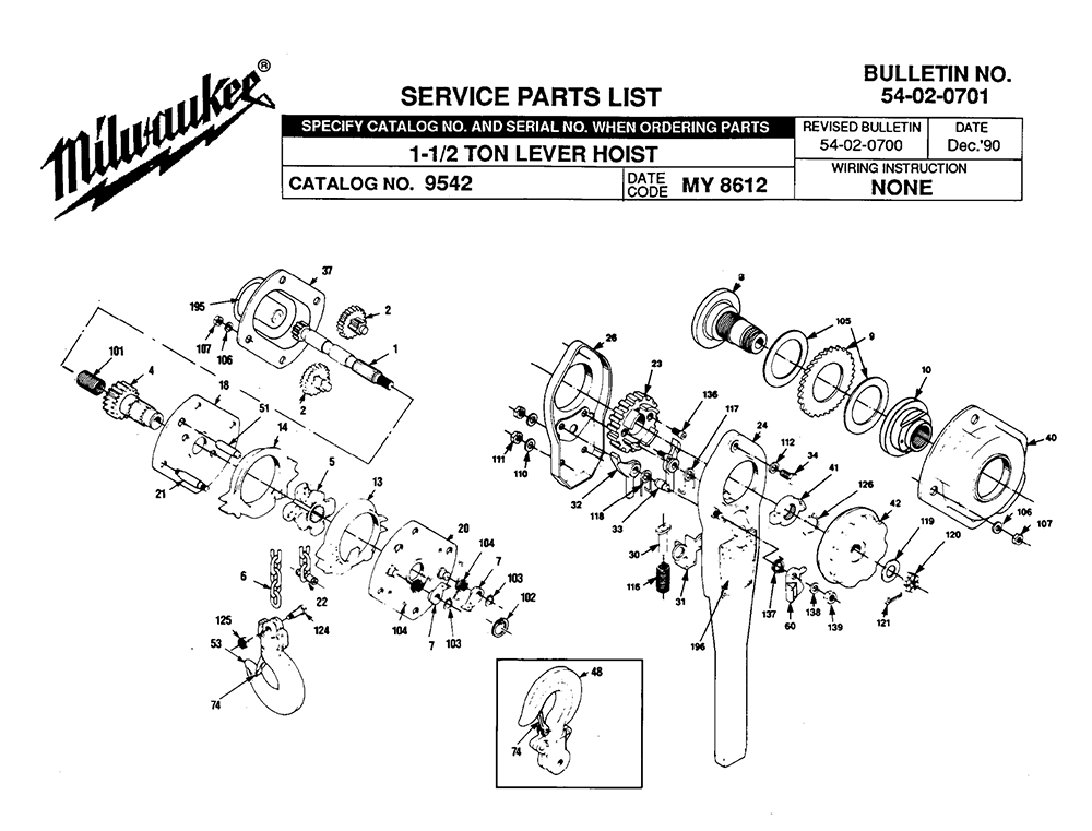 Fig-0 Diagram and Parts List for 9542 MY8612 Milwaukee Hoist & Winch