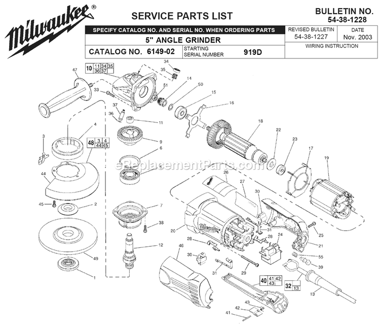 Page A Diagram and Parts List for 6149-02 919D Milwaukee Sander Grinder
