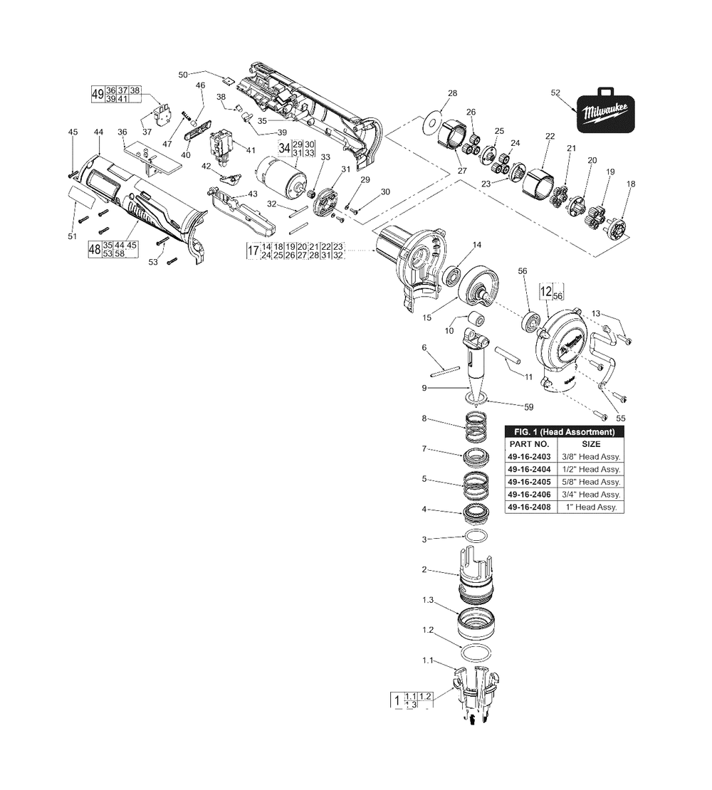 M12 Pex Expander Diagram and Parts List for 2432-22XC C62C Milwaukee Pipe Tools