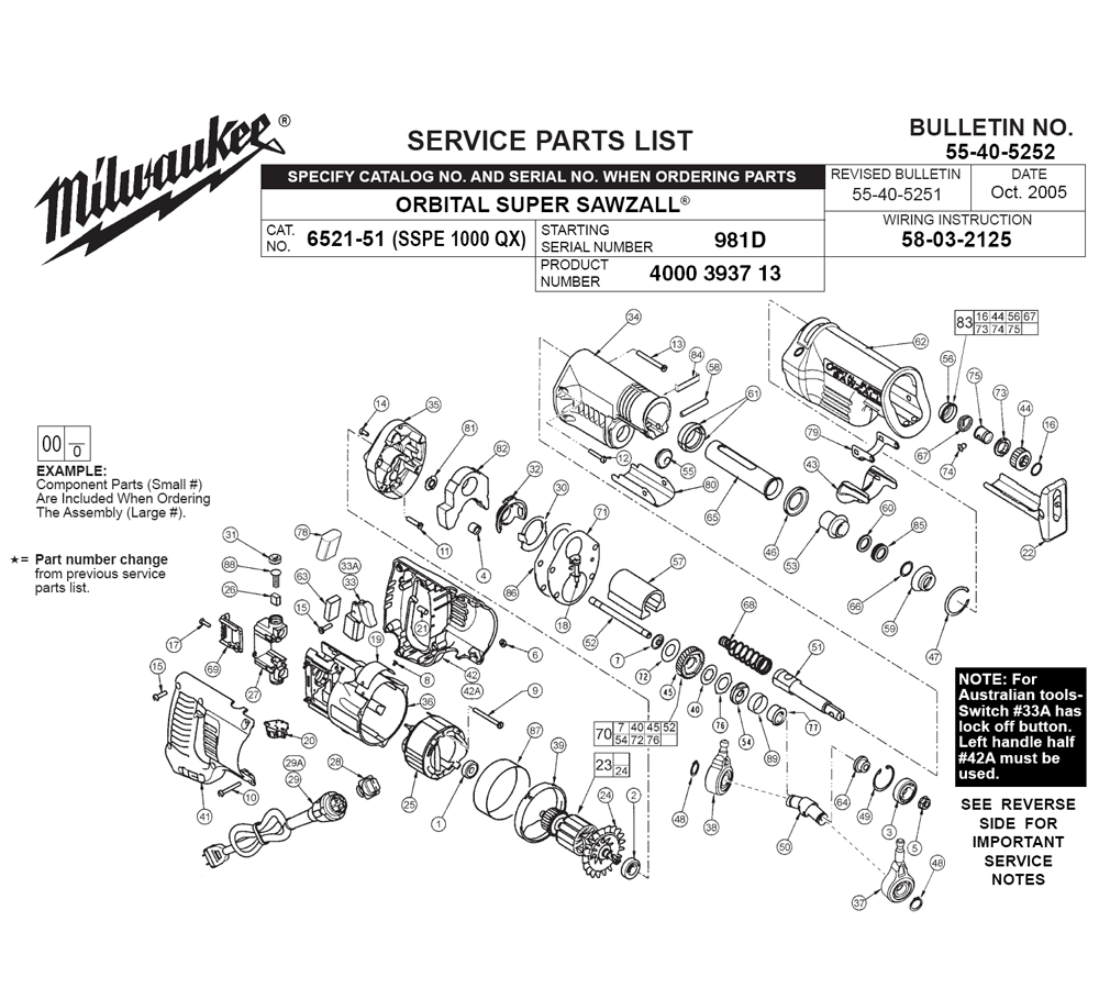 Fig-0 Diagram and Parts List for 6521-51 981D Milwaukee Saw